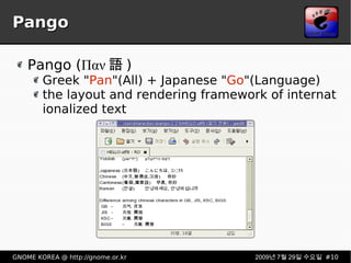 Pango Pango (Παν語) Greek " Pan "(All) + Japanese " Go "(Language) the layout and rendering framework of internationalized text 