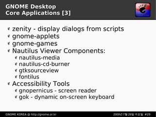 GNOME Desktop Core Applications [3] zenity - display dialogs from scripts gnome-applets gnome-games Nautilus Viewer Components: nautilus-media nautilus-cd-burner gtksourceview fontilus Accessibility Tools gnopernicus - screen reader gok - dynamic on-screen keyboard 