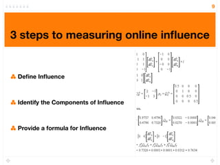 9




3 steps to measuring online inﬂuence


 Deﬁne Inﬂuence



 Identify the Components of Inﬂuence



 Provide a formula for Inﬂuence
 