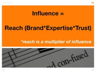 19




          Inﬂuence =

Reach (Brand*Expertise*Trust)

     *reach is a multiplier of inﬂuence
 