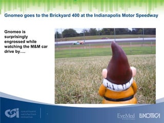1 Gnomeo goes to the Brickyard 400 at the Indianapolis Motor Speedway Gnomeo is surprisingly engrossed while watching the M&M car drive by…. 