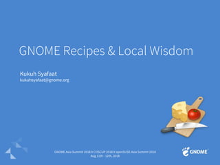 GNOME Recipes & Local Wisdom
Kukuh Syafaat
kukuhsyafaat@gnome.org
GNOME.Asia Summit 2018 X COSCUP 2018 X openSUSE.Asia Summit 2018
Aug 11th - 12th, 2018
 