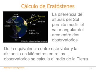 Cálculo de Eratóstenes La diferencia de alturas del Sol permite medir  el valor angular del arco entre dos observatorios D...