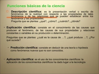 Funciones básicas de la ciencia Descripción científica:   es la presentación verbal o escrita de fenómenos de la realidad con respecto a las propiedades de tales fenómenos y de las relaciones que se pueden establecer entre los fenómenos y las propiedades. Pregunta que se plantea: ¿qué?, ¿cómo?, ¿cuándo?, ¿dónde? Explicación científica:  consiste en el conocimiento de las causas que producen el fenómeno, de las causas de sus propiedades y relaciones constantes o variables en su producción o determinación. Preguntas que se plantea: ¿cuál es la causa de …?, ¿qué produce …?, ¿Por qué sucede? Predicción científica:  consiste en deducir de una teoría o hipótesis como fenómenos nuevos que no son conocidos. Aplicación científica:  es el uso de los conocimientos científicos: la aplicación de los conocimientos científicos ha dado lugar a la tecnología 