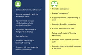 • Promotes ‘satisfaction’
• Enables ‘engagement’
• Supports students’ ‘understanding’ of
study
• Promotes & enables innova...