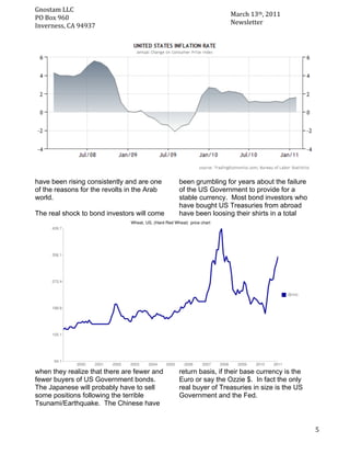 Gnostam	
  LLC	
  	
  
                                                                     March	
  13th,	
  2011	
  
     PO	
  Box	
  960	
  
	
   Inverness,	
  CA	
  94937	
                                     Newsletter	
  




       have been rising consistently and are one    been grumbling for years about the failure
       of the reasons for the revolts in the Arab   of the US Government to provide for a
       world.                                       stable currency. Most bond investors who
                                                    have bought US Treasuries from abroad
       The real shock to bond investors will come   have been loosing their shirts in a total




       when they realize that there are fewer and   return basis, if their base currency is the
       fewer buyers of US Government bonds.         Euro or say the Ozzie $. In fact the only
       The Japanese will probably have to sell      real buyer of Treasuries in size is the US
       some positions following the terrible        Government and the Fed.
       Tsunami/Earthquake. The Chinese have


	
                                                                                                5	
  
 