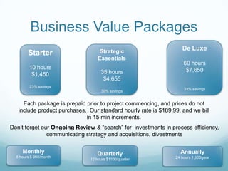 Business Value Packages
                                   Strategic
                                                                   De Luxe
        Starter
                                   Essentials
                                                                    60 hours
         10 hours                                                    $7,650
          $1,450                    35 hours
                                     $4,655
         23% savings
                                                                    33% savings
                                     30% savings


     Each package is prepaid prior to project commencing, and prices do not
   include product purchases. Our standard hourly rate is $189.99, and we bill
                             in 15 min increments.
Don’t forget our Ongoing Review & “search” for investments in process efficiency,
               communicating strategy and acquisitions, divestments


     Monthly                      Quarterly                       Annually
  8 hours $ 960/month                                           24 hours 1,600/year
                               12 hours $1100/quarter
 