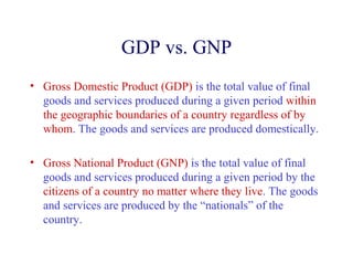 GDP vs. GNP
• Gross Domestic Product (GDP) is the total value of final
  goods and services produced during a given period within
  the geographic boundaries of a country regardless of by
  whom. The goods and services are produced domestically.

• Gross National Product (GNP) is the total value of final
  goods and services produced during a given period by the
  citizens of a country no matter where they live. The goods
  and services are produced by the “nationals” of the
  country.
 