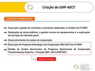 5
Execução e gestão de contratos e convénios celebrados no âmbito da CT-GNP.
Realização de obras públicas, a gestão comum de equipamentos e a exploração
de serviços de interesse geral.
Execução do Programa Estratégico de Cooperação 2007-2013 da CT-GNP.
Desenvolvimento de acções de cooperação.
Gestão de fundos decorrentes do Programa Operacional de Cooperação
Transfronteiriça Espanha – Portugal 2007 -2013 (POCTEP).
Tarefas Principais
Criação do GNP-AECT
FUNÇÕES/ ATRIBUIÇÕES
 