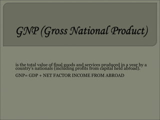 is the total value of final goods and services produced in a year by a country's nationals (including profits from capital held abroad). GNP= GDP + NET FACTOR INCOME FROM ABROAD 