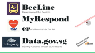 BeeLineCrowd-sourced Bus Services
MyRespond
erCrowd-source Responders for First Aid
Data.gov.sg
Providing Public Data for Open-Source Projects
Featured on RedHat Summ
Featured on AWS
Summit 2016
 