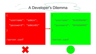 A Developer’s Dilemma
{
"username": "$USERNAME",
"password": "$PASSWORD"
}
/server.conf
{
"username": "admin",
"password": "admin01"
}
/server.conf
 