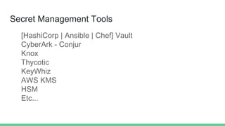 Secret Management Tools
[HashiCorp | Ansible | Chef] Vault
CyberArk - Conjur
Knox
Thycotic
KeyWhiz
AWS KMS
HSM
Etc...
 