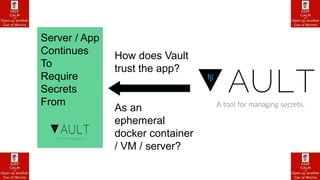 Server / App
Continues
To
Require
Secrets
From
How does Vault
trust the app?
As an
ephemeral
docker container
/ VM / server?
 
