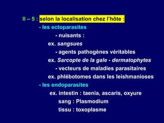 II – 5 : selon la localisation chez l’hôte :
       - les ectoparasites
              - nuisants :
           ex. sangsues
              - agents pathogènes véritables
           ex. Sarcopte de la gale - dermatophytes
              - vecteurs de maladies parasitaires
           ex. phlébotomes dans les leishmanioses
       - les endoparasites
           ex. intestin : taenia, ascaris, oxyure
               sang : Plasmodium
               tissu : toxoplasme
 
