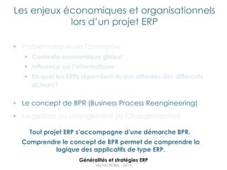 Les enjeux économiques et organisationnels
            lors d‟un projet ERP

• Problématique de l‟Entreprise
   • Contexte économique global
   • Influence sur l’informatique
   • En quoi les ERPs répondent-ils aux attentes des différents
     acteurs?

• Le concept de BPR (Business Process Reengineering)
• La gestion du changement (le Changementiel)

    Tout projet ERP s’accompagne d’une démarche BPR.
  Comprendre le concept de BPR permet de comprendre la
           logique des applicatifs de type ERP.
                     Généralités et stratégies ERP
                           Michel REIBEL - 2013
 
