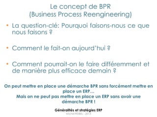 Le concept de BPR
          (Business Process Reengineering)
• La question-clé: Pourquoi faisons-nous ce que
   nous faisons ?

• Comment le fait-on aujourd‟hui ?

• Comment pourrait-on le faire différemment et
   de manière plus efficace demain ?

On peut mettre en place une démarche BPR sans forcément mettre en
                          place un ERP…
     Mais on ne peut pas mettre en place un ERP sans avoir une
                          démarche BPR !
                      Généralités et stratégies ERP
                            Michel REIBEL - 2013
 