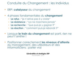Conduite du Changement : les Individus

• ERP: catalyseur du changement
• 4 phases fondamentales du changement
  •   Le refus : “je n‟arrive pas à y croire”
  •   La résistance : “ça ne marchera jamais”
  •   La recherche : “que puis-je y gagner ?”
  •   La réaction : “comment puis-je rebondir ?”

• Lorsque le train du changement est parti, rien ne
  peut l‟arrêter !

• Positionner correctement les niveaux d’attente
  du management, des utilisateurs et des
  informaticiens : parler vrai

                     Généralités et stratégies ERP
                           Michel REIBEL - 2013
 