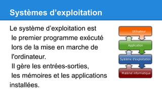 Systèmes d’exploitation
Le système d’exploitation est
le premier programme exécuté
lors de la mise en marche de
l'ordinateur.
Il gère les entrées-sorties,
les mémoires et les applications
installées.
 
