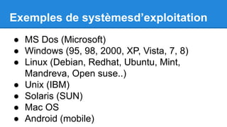 Exemples de systèmesd’exploitation
● MS Dos (Microsoft)
● Windows (95, 98, 2000, XP, Vista, 7, 8)
● Linux (Debian, Redhat, Ubuntu, Mint,
Mandreva, Open suse..)
● Unix (IBM)
● Solaris (SUN)
● Mac OS
● Android (mobile)
 