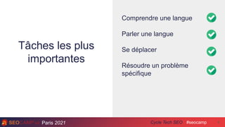 Paris 2021 #seocamp
Cycle Tech SEO
Tâches les plus
importantes
8
Comprendre une langue
Parler une langue
Se déplacer
Résoudre un problème
spécifique
 