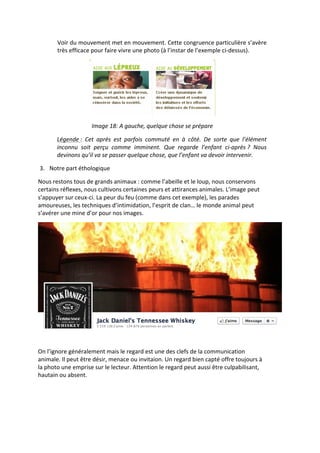 Voir	
   du	
   mouvement	
   met	
   en	
   mouvement.	
   Cette	
   congruence	
   particulière	
   s’avère	
  
               très	
  efficace	
  pour	
  faire	
  vivre	
  une	
  photo	
  (à	
  l’instar	
  de	
  l’exemple	
  ci-­‐dessus).	
  




                                                                                                              	
  
                                    Image	
  18:	
  A	
  gauche,	
  quelque	
  chose	
  se	
  prépare	
  

               Légende	
  :	
   Cet	
   après	
   est	
   parfois	
   commuté	
   en	
   à	
   côté.	
   De	
   sorte	
   que	
   l’élément	
  
               inconnu	
   soit	
   perçu	
   comme	
   imminent.	
   Que	
   regarde	
   l’enfant	
   ci-­‐après	
  ?	
   Nous	
  
               devinons	
  qu’il	
  va	
  se	
  passer	
  quelque	
  chose,	
  que	
  l’enfant	
  va	
  devoir	
  intervenir.	
  

       3. Notre	
  part	
  éthologique	
  

Nous	
  restons	
  tous	
  de	
  grands	
  animaux	
  :	
  comme	
  l’abeille	
  et	
  le	
  loup,	
  nous	
  conservons	
  
certains	
  réflexes,	
  nous	
  cultivons	
  certaines	
  peurs	
  et	
  attirances	
  animales.	
  L’image	
  peut	
  
s’appuyer	
  sur	
  ceux-­‐ci.	
  La	
  peur	
  du	
  feu	
  (comme	
  dans	
  cet	
  exemple),	
  les	
  parades	
  
amoureuses,	
  les	
  techniques	
  d’intimidation,	
  l’esprit	
  de	
  clan…	
  le	
  monde	
  animal	
  peut	
  
s’avérer	
  une	
  mine	
  d’or	
  pour	
  nos	
  images.	
  




                                                                                                                                                  	
  
	
  

On	
  l’ignore	
  généralement	
  mais	
  le	
  regard	
  est	
  une	
  des	
  clefs	
  de	
  la	
  communication	
  
animale.	
  Il	
  peut	
  être	
  désir,	
  menace	
  ou	
  invitaion.	
  Un	
  regard	
  bien	
  capté	
  offre	
  toujours	
  à	
  
la	
  photo	
  une	
  emprise	
  sur	
  le	
  lecteur.	
  Attention	
  le	
  regard	
  peut	
  aussi	
  être	
  culpabilisant,	
  
hautain	
  ou	
  absent.	
  
 