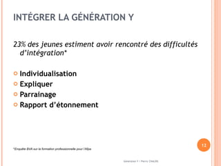 INTÉGRER LA GÉNÉRATION Y 23% des jeunes estiment avoir rencontré des difficultés d’intégration*  Individualisation Expliquer Parrainage Rapport d’étonnement  * Enquête BVA sur la formation professionnelle pour l’Afpa  Génération Y / Pierric CHALOIS 