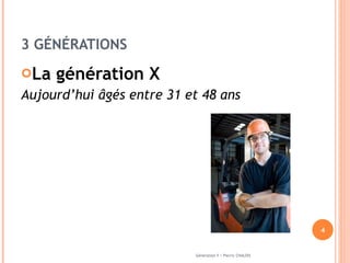 3 GÉNÉRATIONS  La génération X  Aujourd’hui âgés entre 31 et 48 ans Génération Y / Pierric CHALOIS 