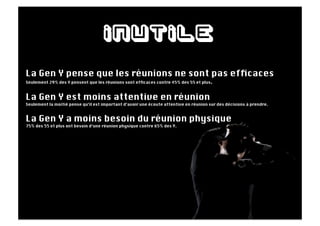 inutile
La Gen Y pense que les réunions ne sont pas efﬁcaces
Seulement 29% des Y pensent que les réunions sont efﬁcaces contre 45% des 55 et plus.



La Gen Y est moins attentive en réunion
Seulement la moitié pense qu’il est important d’avoir une écoute attentive en réunion sur des décisions à prendre.


La Gen Y a moins besoin du réunion physique
75% des 55 et plus ont besoin d’une réunion physique contre 65% des Y.
 