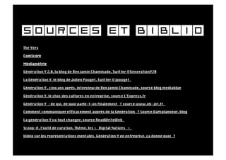 Sources et biblio
The Yers

ComScore

Médiamétrie

Génération Y 2.0, la blog de Benjamin Chaminade, Twitter @GenerationY20

La Génération Y, le blog de Julien Pouget, Twitter @jpouget 

Génération Y , cinq ans après, interview de Benjamin Chaminade, source blog mediablue

Génération Y, le choc des cultures en entreprise, source L’Express.fr

Génération Y : de qui, de quoi parle-t-on ﬁnalement ? source www.ob-jet.fr 

Comment communiquer efﬁcacement auprès de la Génération ? Source Darkplanneur, blog

La génération Y va tout changer, source ReadWriteWeb 

Scoop-it, l’outil de curation. Thème, les « Digital Natives » 

Vidéo sur les représentations mentales. Génération Y en entreprise, ça donne quoi ?
 