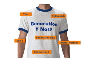 Yers
                              Millennials




              GénérationWhy
               Génération Why
Gen Y
Gen Y
                                    Digital Natives
                                    Digital Natives



             GénérationY
              Génération Y
 
