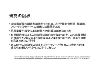 • 90
•
•
•
Yahav D, Franceschini E, Koppel F, Turjeman A, Babich T, Bitterman R, et al. Seven versus fourteen Days of Antibiotic Therapy
for uncomplicated Gram-negative Bacteremia: a Non-inferiority Randomized Controlled Trial. CLIN INFECT DIS. 2018 Dec 11.
 