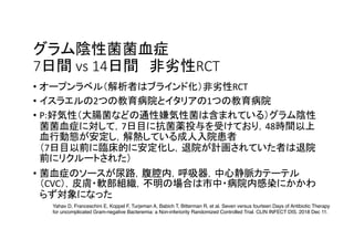 7 vs 14 RCT
• RCT
• 2 1
• P:
7 48
7
•
CVC
Yahav D, Franceschini E, Koppel F, Turjeman A, Babich T, Bitterman R, et al. Seven versus fourteen Days of Antibiotic Therapy
for uncomplicated Gram-negative Bacteremia: a Non-inferiority Randomized Controlled Trial. CLIN INFECT DIS. 2018 Dec 11.
 