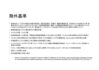 • /
CVC
CVC
•
•
• HIV 1 48
• 48 <60mmHg
• 24
• /
• 48 2 38℃ 1 38.5℃ 35.5℃
•
•
Yahav D, Franceschini E, Koppel F, Turjeman A, Babich T, Bitterman R, et al. Seven versus fourteen Days of Antibiotic Therapy
for uncomplicated Gram-negative Bacteremia: a Non-inferiority Randomized Controlled Trial. CLIN INFECT DIS. 2018 Dec 11.
 