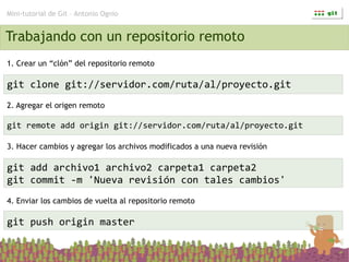 Mini-tutorial de Git – Antonio Ognio


Trabajando con un repositorio remoto
1. Crear un “clón” del repositorio remoto

git clone git://servidor.com/ruta/al/proyecto.git
2. Agregar el origen remoto

git remote add origin git://servidor.com/ruta/al/proyecto.git

3. Hacer cambios y agregar los archivos modificados a una nueva revisión

git add archivo1 archivo2 carpeta1 carpeta2
git commit -m 'Nueva revisión con tales cambios'
4. Enviar los cambios de vuelta al repositorio remoto

git push origin master
 