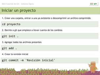Mini-tutorial de Git – Antonio Ognio


Iniciar un proyecto
1. Crear una carpeta, entrar a una ya existente o descomprimir ...