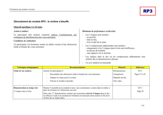 Formation aux premiers secours
118
RP3
Déroulement du module RP3 : la victime s’étouffe.
Objectif spécifique 3.1 (25 min)
Action à réaliser
Le participant doit montrer comment réaliser l’enchaînement des
techniques de désobstruction des voies aériennes.
Conditions de réalisation
Un participant à la formation simule un adulte victime d’une obstruction
totale et brutale des voies aériennes.
Minimum de performance recherchée
- Les 5 claques sont mimées :
- en priorité,
- dans le dos,
- avec le plat de la main.
- Les 5 compressions abdominales sont mimées :
- uniquement si les 5 claques dans le dos sont inefficaces,
- au dessus du nombril,
- sans appuyer sur le sternum.
- Les claques dans le dos ou les compressions abdominales sont
arrêtées dés la désobstruction obtenue.
- Un avis médical est demandé.
Techniques pédagogiques Recommandations Matériel Référence
Etude de cas, analyse. Amener les participants à :
- Reconnaître une obstruction totale et brutale des voies aériennes.
- Indiquer le risque pour la victime.
- Préciser le résultat à atteindre.
Rétroprojecteur.
Transparents.
Maquette de tête.
Film vidéo.
RT 3
Pages 27 à 29.
Démonstration en temps réel.
(5 claques dans le dos)
Montrer l’ensemble de la conduite à tenir, sans commentaire, comme dans la réalité, à
partir du moment où l’obstruction survient.
Dans cette 1ère
démonstration, montrer que la première série de 5 claques dans le dos
est efficace (l’aide d’un assistant de formation est nécessaire pour assurer le rôle de la
victime qui ne respire plus).
RT 3
Page 29
 