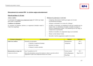 Formation aux premiers secours
124
RP4
Déroulement du module RP4 : la victime saigne abondamment.
Objectif spécifique 4.1 (25 min)
Action à réaliser
Le participant doit réaliser une compression locale de l’endroit qui saigne
pour arrêter le saignement.
Conditions de réalisation
Un assistant de formation présente un saignement abondant simulé à
l’aide d’un maquillage.
Minimum de performance recherchée
- Comprimer directement l’endroit qui saigne avec la main
(éventuellement protégée).
- Allonger ou demander à la victime de s’allonger.
- Se libérer, si nécessaire, en remplaçant la main qui comprime par un
tampon relais ; la substitution est rapide, le tampon est propre, il
recouvre complètement la plaie, il est maintenu par un lien large, la
compression est permanente.
- Surélever le membre si le saignement siège à son extrémité.
- Donner ou faire donner l’alerte.
- Surveiller l’arrêt du saignement et parler à la victime.
Techniques pédagogiques Recommandations Matériel Référence
Eude de cas, analyse. Demander aux participants :
- d’identifier le saignement abondant,
- de préciser les risques,
- d’indiquer le résultat a atteindre.
Rétroprojecteur.
Transparents.
RT 4
Page 35
Démonstration en temps réel.
(compression directe)
Jouer l’ensemble de la CAT.
Dans cette présentation, qui peut être montrée en vidéo, le sauveteur arrête le
saignement à l’aide d’une compression directe avec la main.
Victime simulée.
Aides pédagogiques.
Maquillage.
RT 4
Page 36 et 37.
 