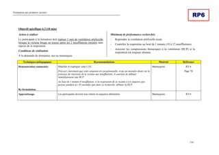 Formation aux premiers secours
144
RP6
Objectif spécifique 6.3 (10 min)
Action à réaliser
Le participant à la formation doit réaliser 1 min de ventilation artificielle
lorsque la victime bouge ou tousse après les 2 insufflations initiales sans
reprise de la respiration.
Conditions de réalisation
A la demande du formateur, sur un mannequin.
Minimum de performance recherchée
- Reprendre la ventilation artificielle seule.
- Contrôler la respiration au bout de 1 minute (10 à 12 insufflations).
- Associer les compressions thoraciques à la ventilation (RCP) si la
respiration est toujours absente.
Techniques pédagogiques Recommandations Matériel Référence
Démonstration commentée
Re-formulation.
Détailler et expliquer cette CAT.
Préciser clairement que cette situation est exceptionnelle, et qu’au moindre doute sur la
présence de réactions de la victime aux insufflations, il convient de débuter
immédiatement une RCP .
Au bout de 1 minute d’insufflation, si la respiration de la victime n’est toujours pas
perçue pendant les 10 secondes que dure sa recherche, débuter la RCP.
Mannequins. RT 6
Page 70
Apprentissage. Les participants doivent tous refaire la séquence démontrée. Mannequins. RT 6
 