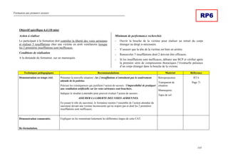 Formation aux premiers secours
145
RP6
Objectif spécifique 6.4 (10 min)
Action à réaliser
Le participant à la formation doit contrôler la liberté des voies aériennes
et réaliser 5 insufflations chez une victime en arrêt ventilatoire lorsque
les 2 premières insufflations sont inefficaces.
Conditions de réalisation
A la demande du formateur, sur un mannequin.
Minimum de performance recherchée
- Ouvrir la bouche de la victime pour réaliser un retrait du corps
étranger au doigt si nécessaire.
- S’assurer que la tête de la victime est bien en arrière.
- Renouveler 5 insufflations dont 2 doivent être efficaces.
- Si les insufflations sont inefficaces, débuter une RCP et vérifier après
la première série de compressions thoraciques l’éventuelle présence
d’un corps étranger dans la bouche de la victime.
Techniques pédagogiques Recommandations Matériel Référence
Démonstration en temps réel. Présenter la nouvelle situation : les 2 insufflations n’entraînent pas le soulèvement
attendu de la poitrine.
Préciser les conséquences qui justifient l’action de secours : l’impossibilité de pratiquer
une ventilation artificielle car les voies aériennes sont bouchées.
Indiquer le résultat à atteindre pour pouvoir évaluer l’action de secours :
ASSURER LA LIBERTE DES VOIES AERIENNES.
En jouant le rôle du sauveteur, le formateur montre l’ensemble de l’action attendue du
sauveteur devant une victime inconsciente qui ne respire pas et dont les 2 premières
insufflations sont inefficaces.
Rétroprojecteur.
Transparent de
situation.
Mannequins.
Tapis de sol.
RT 6
Page 71
Démonstration commentée.
Re-formulation.
Expliquer en les remontrant lentement les différentes étapes de cette CAT.
 