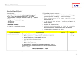 Formation aux premiers secours
155
RP8
Objectif spécifique 8.4 ( 5 min)
Action à réaliser
Le participant à la formation doit indiquer les principaux gestes de
secours à réaliser devant une personne victime d’une brûlure,
- par projection sur la peau et les vêtements ou dans l’œil, d’un produit
chimique,
- par ingestion d’un produit chimique,
- par électricité,
- par inhalation.
Conditions de réalisation
En groupe et à la demande du formateur.
Minimum de performance recherchée
- Faire ôter les vêtements et arroser abondamment une brûlure par
projection de produit chimique sur la peau ou les vêtements.
- Rincer l’œil abondamment à l’eau le plus tôt possible pour une
projection dans l’œil.
- Ne pas faire vomir ou ne pas donner à boire devant une ingestion de
produit chimique.
- Surveiller une brûlure électrique.
- Installer en position demi-assisse une victime qui présente des
difficultés respiratoires après une brûlure interne par inhalation.
- Demander un avis médical dans tous les cas.
Techniques pédagogiques Recommandations Matériel Référence
Discussion et commentaires. Envisager les différentes situations de brûlures que le sauveteur peut rencontrer.
- Brûlure par projection de produits chimiques sur la peau ou les vêtements.
- Brûlure par projection de produit chimique dans l’œil.
- Brûlure par ingestion de produit chimique.
- Brûlure électrique.
- Brûlure interne par inhalation.
De manière interactive, amener les participants à découvrir la conduite à tenir du
sauveteur pour chaque situation. Rappeler le résultat à atteindre pour pouvoir évaluer
l’action de secours.
Empêcher l’aggravation de la brûlure.
RT 8
Page 88.
 
