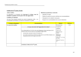 Formation aux premiers secours
160
Synthèse de la 4ème
partie ( 35 min)
Action à réaliser
Le participant à la formation doit interroger la victime avant de
l’installer en position correcte pour éviter une aggravation.
Conditions de réalisation
Au cours d’une situation simulée (cas concret, transparents, vidéo…) ou
à la demande du formateur, la victime est consciente et se plaint.
Minimum de performance recherchée
- Identifier les signes.
- Réaliser les gestes de secours conformes aux recommandations.
- Demander un avis médical si nécessaire.
- Respecter les recommandations des secours médicalisés.
Techniques pédagogiques Recommandations Matériel Référence
Cas concrets de synthèse.
.
A-t-on par cette action évité l’aggravation de la victime ?
Il est indispensable qu’à la fin de cette unité pédagogique chaque participant ait été
évalué au cours d’un cas concret sur son aptitude à réagir devant :
- une personne consciente victime d’un malaise ou
- une victime consciente qui présente une plaie grave ou une brûlure étendue ou un
traumatisme du dos, de la nuque ou de la tête.
Rétroprojecteur.
Transparents.
Téléphone.
Tapis de sol.
Matériel de cas
concret.
Matériel de
maquillage
Fiches FC 7.1 à 7.4 et
8.1 à 8.4.
Fiches CE 7 et 8.1 à
8.3.
RT 8
Conclusion et clôture de la 4ème
partie.
 