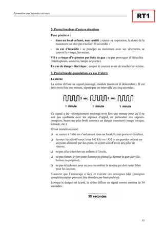 Formation aux premiers secours
15
RT1
2- Protection dans d’autres situations
Pour pénétrer :
- dans un local enfumé, non ventilé : retenir sa respiration, la durée de la
manœuvre ne doit pas excéder 30 secondes ;
- en cas d’incendie : se protéger au maximum avec ses vêtements, se
couvrir le visage, les mains.
S’il y a risque d’explosion par fuite de gaz : ne pas provoquer d’étincelles
(interrupteurs, sonnerie, lampe de poche).
En cas de danger électrique : couper le courant avant de toucher la victime.
3- Protection des populations en cas d’alerte
La sirène
La sirène diffuse un signal prolongé, modulé (montant et descendant). II est
émis trois fois une minute, séparé par un intervalle de cinq secondes.
Ce signal a été volontairement prolongé trois fois une minute pour qu’il ne
soit pas confondu avec les signaux d’appel, en particulier des sapeurs-
pompiers, beaucoup plus brefs annonce un danger imminent (nuage toxique,
tornade, etc.).
Il faut immédiatement:
se mettre à l’abri en s’enfermant dans un local, fermer portes et fenêtres,
écouter la radio (France Inter 162 khz ou 1852 m en grandes ondes) sur
un poste alimenté par des piles, en ayant soin d’avoir des piles de
réserve,
ne pas aller chercher ses enfants à l’école,
ne pas fumer, éviter toute flamme ou étincelle, fermer le gaz (de ville,
butane ou propane),
ne pas téléphoner pour ne pas encombrer le réseau qui doit rester libre
pour les secours.
S’assurer que l’entourage a reçu et exécute ces consignes (des consignes
complémentaires peuvent être données par haut-parleur).
Lorsque le danger est écarté, la sirène diffuse un signal sonore continu de 30
secondes :
 