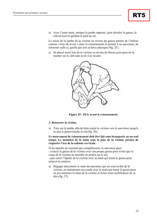 Formation aux premiers secours
54
RT5
Avec l’autre main, attraper la jambe opposée, juste derrière le genou, la
relever tout en gardant le pied au sol.
La saisie de la jambe de la victime au niveau du genou permet de l’utiliser
comme « bras de levier » pour le retournement et permet à un sauveteur, de
retourner celle-ci, quelle que soit sa force physique (fig. 25).
Se placer assez loin de la victime au niveau du thorax pour pouvoir la
tourner sur le côté sans avoir à se reculer.
Figure 25 : PLS, avant le retournement.
2- Retourner la victime.
Tirer sur la jambe afin de faire rouler la victime vers le sauveteur jusqu'à
ce que le genou touche le sol.(fig. 26).
Le mouvement de retournement doit être fait sans brusquerie en un seul
temps. Le maintien de la main sous la joue de la victime permet de
respecter l’axe de la colonne cervicale.
Si les épaules ne tournent pas complètement, le sauveteur peut :
- coincer le genou de la victime avec son propre genou pour éviter que le
corps de la victime ne retombe en arrière sur le sol,
- puis saisir l’épaule de la victime avec sa main qui tenait le genou pour
achever la rotation.
Dégager doucement la main du sauveteur qui est sous la tête de la
victime, en maintenant son coude avec la main qui tenait le genou pour
ne pas entraîner la main de la victime et éviter toute mobilisation de sa
tête (fig. 27).
 