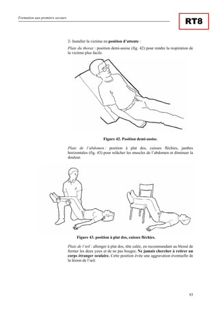 Formation aux premiers secours
83
RT8
2- Installer la victime en position d’attente :
Plaie du thorax : position demi-assise (fig. 42) pour rendre la respiration de
la victime plus facile.
Figure 42. Position demi-assise.
Plaie de l’abdomen : position à plat dos, cuisses fléchies, jambes
horizontales (fig. 43) pour relâcher les muscles de l’abdomen et diminuer la
douleur.
Figure 43. position à plat dos, cuisses fléchies.
Plaie de l’œil : allonger à plat dos, tête calée, en recommandant au blessé de
fermer les deux yeux et de ne pas bouger. Ne jamais chercher à retirer un
corps étranger oculaire. Cette position évite une aggravation éventuelle de
la lésion de l’œil.
 