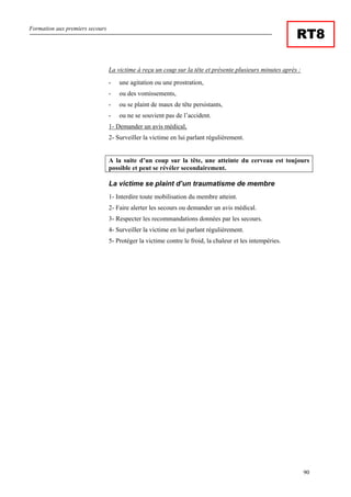Formation aux premiers secours
90
RT8
La victime à reçu un coup sur la tête et présente plusieurs minutes après :
- une agitation ou une prostration,
- ou des vomissements,
- ou se plaint de maux de tête persistants,
- ou ne se souvient pas de l’accident.
1- Demander un avis médical,
2- Surveiller la victime en lui parlant régulièrement.
A la suite d’un coup sur la tête, une atteinte du cerveau est toujours
possible et peut se révéler secondairement.
La victime se plaint d’un traumatisme de membre
1- Interdire toute mobilisation du membre atteint.
2- Faire alerter les secours ou demander un avis médical.
3- Respecter les recommandations données par les secours.
4- Surveiller la victime en lui parlant régulièrement.
5- Protéger la victime contre le froid, la chaleur et les intempéries.
 