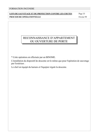 FORMATION INCENDIE
LOTS DE SAUVETAGE ET DE PROTECTION CONTRE LES CHUTES Page 33
PROCEDURE OPERATIONNELLE Février 99
RECONNAISSANCE D’APPARTEMENT
OU OUVERTURE DE PORTE
* Cette opération est effectuée par un BINOME.
L'installation du dispositif de descente est le même que pour l'opération de sauvetage
par l'extérieur .
Le chef est équipé du harnais et l'équipier régule la descente.
 