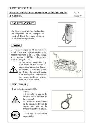 FORMATION INCENDIE
LOTS DE SAUVETAGE ET DE PROTECTION CONTRE LES CHUTES Page 9
LE MATERIEL Février 99
SAC DE TRANSPORT
De couleur jaune citron, il est destiné
au rangement et au transport du
matériel. Il est de couleur bleu pour
le lot de sauvetage échelle.
CORDE
Une corde statique de 30 m minimum
pour le lot de sauvetage, 60 m pour le lot
échelle minimum, ø 12 à 13 mm, charge
à la rupture >3000kg, allongement
inférieur ou égal à 4%.
A chacune des extrémités, il y
a un noeud en huit double in-
démontable avec gaine thermo-
rétractable. L'extrémité placée
au dessus du sac est munie
d'un mousqueton. Pour assurer
une usure uniforme alterner
l'emploi des extrémités.
DESCENDEUR
Du type 8, résistance 2000 kg .
Il sert:
- à contrôler la vitesse de
descente de la victime ou
du personnel,
- à l'assurance de la victime
ou du sauveteur lors de la
montée ou lors de la
protection contre les chutes.
Il doit être exclusivement
en point fixe.
 