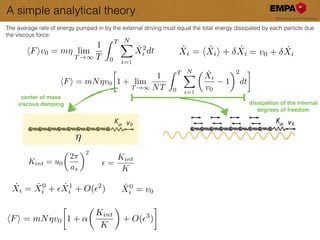 A simple analytical theory
center of mass!
viscous damping
⌘
dissipation of the internal !
degrees of freedom
The average rate of energy pumped in by the external driving must equal the total energy dissipated by each particle due
the viscous force:
hFiv0 = m⌘ lim
T !1
1
T
Z T
0
NX
i=0
˙X2
i dt
hFi = mN⌘v0

1 + lim
T !1
1
NT
Z T
0
NX
i=0
✓ ˙Xi
v0
1
◆2
dt
˙Xi = h ˙Xii + ˙Xi = v0 + ˙Xi
✏ =
Kint
K
˙Xi = ˙X0
i + ✏ ˙X1
i + O(✏2
) ˙X0
i = v0
hFi = mN⌘v0

1 + ↵
✓
Kint
K
◆
+ O(✏3
)
Kint = u0
✓
2⇡
as
◆2
1
1
 