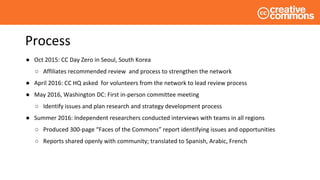 Process
● Oct 2015: CC Day Zero in Seoul, South Korea
○ Affiliates recommended review and process to strengthen the network
● April 2016: CC HQ asked for volunteers from the network to lead review process
● May 2016, Washington DC: First in-person committee meeting
○ Identify issues and plan research and strategy development process
● Summer 2016: Independent researchers conducted interviews with teams in all regions
○ Produced 300-page “Faces of the Commons” report identifying issues and opportunities
○ Reports shared openly with community; translated to Spanish, Arabic, French
 